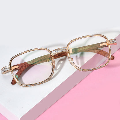 Crystal-Paved Wood Square Optical Glasses Frame - MCROONS - Angled View