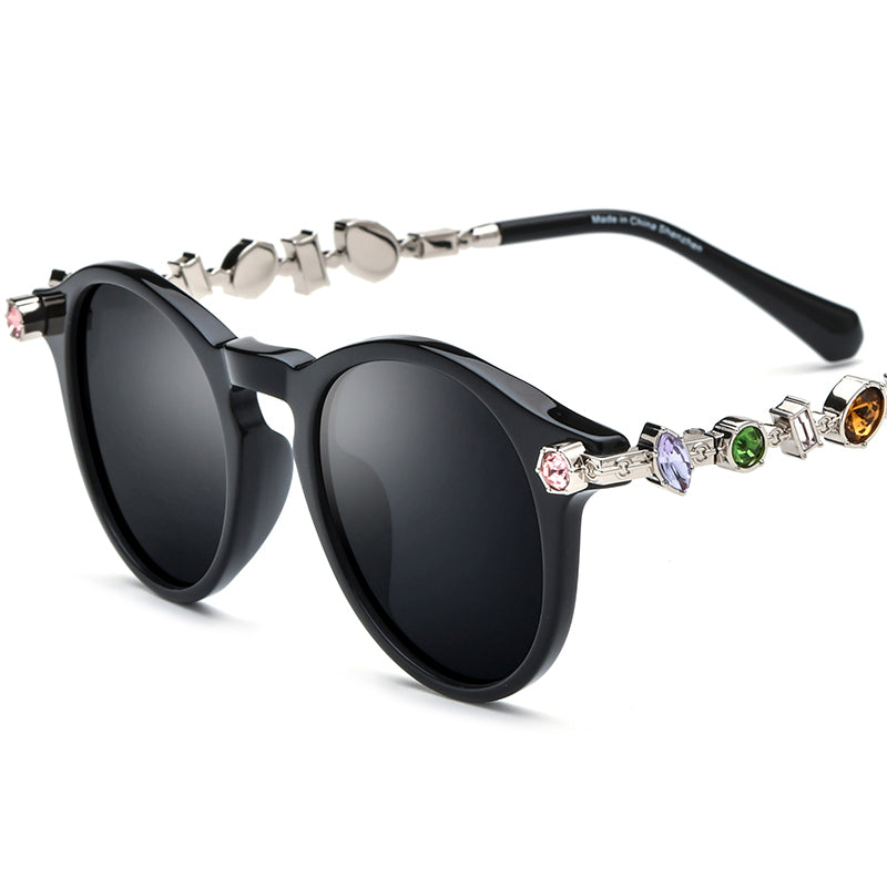 Luxury Round Acetate Polarized Sunglasses with Gem Trim UV400 - Black Silver Gray Lens - MCROONS