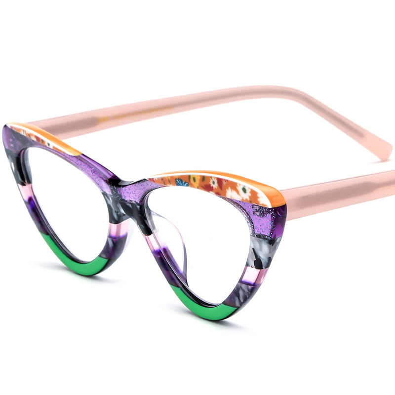 Retro Cat Eye Acetate Optical Glasses Frame - Purple Green - MCROONS