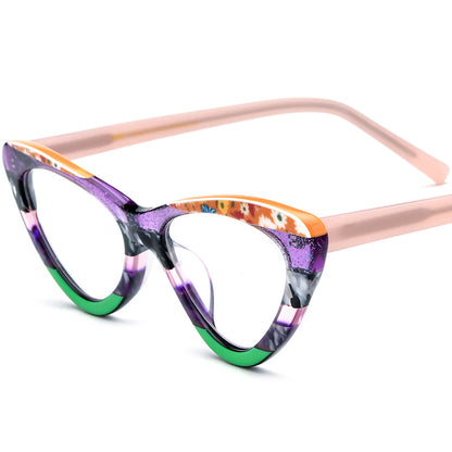 Retro Cat Eye Acetate Optical Glasses Frame - Purple Green - MCROONS