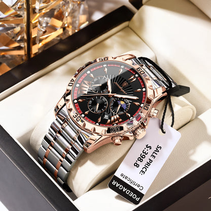 Poedagar 968 Men's Luxury Chronograph Quartz Watch – Stainless Steel Band, Waterproof, Luminous, Date