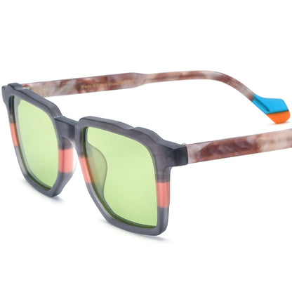 Vintage Multicolour Square Acetate Polarized Gradient Sunglasses UV400 - Matte Gray Green Lens - MCROONS