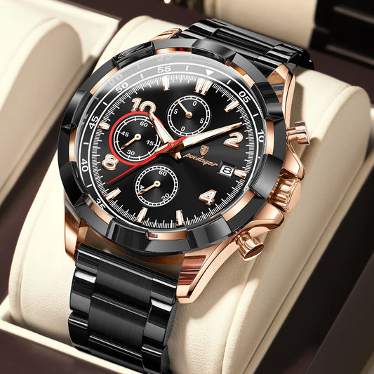 Poedagar 685 Men's Luxury Chronograph Quartz Watch – Stainless Steel Band, Waterproof, Luminous, Date