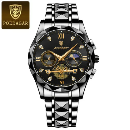 Poedagar 996 Men's Luxury Chronograph Quartz Watch – Stainless Steel Band, Waterproof, Luminous, Date