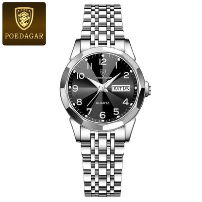 Poedagar 3078 Women's Luxury Quartz Watch – Stainless Steel Band, Waterproof, Luminous, Date