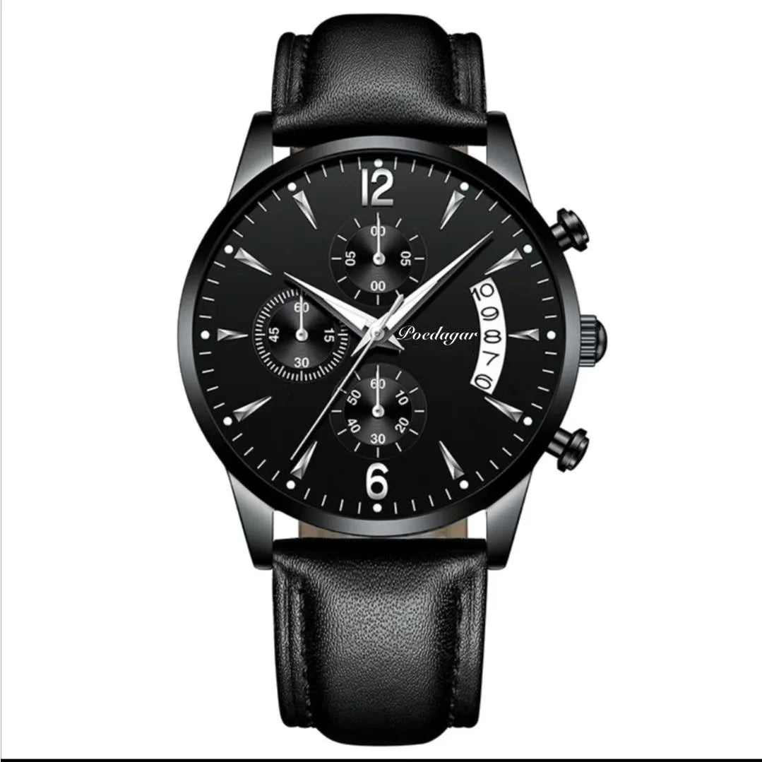 Poedagar 814 Men's Luxury Chronograph Quartz Watch – Leather Strap, Waterproof, Luminous, Date