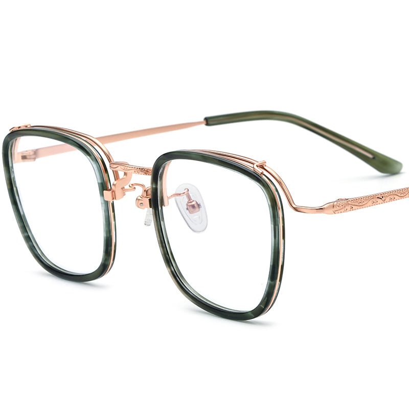 Square Acetate Titanium Optical Glasses Frame - MCROONS - Green Leopard