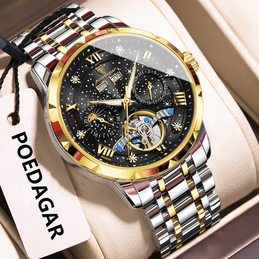 Poedagar 1420 Men's Luxury Automatic Mechanical Watch – Stainless Steel Band, Waterproof, Luminous, Date