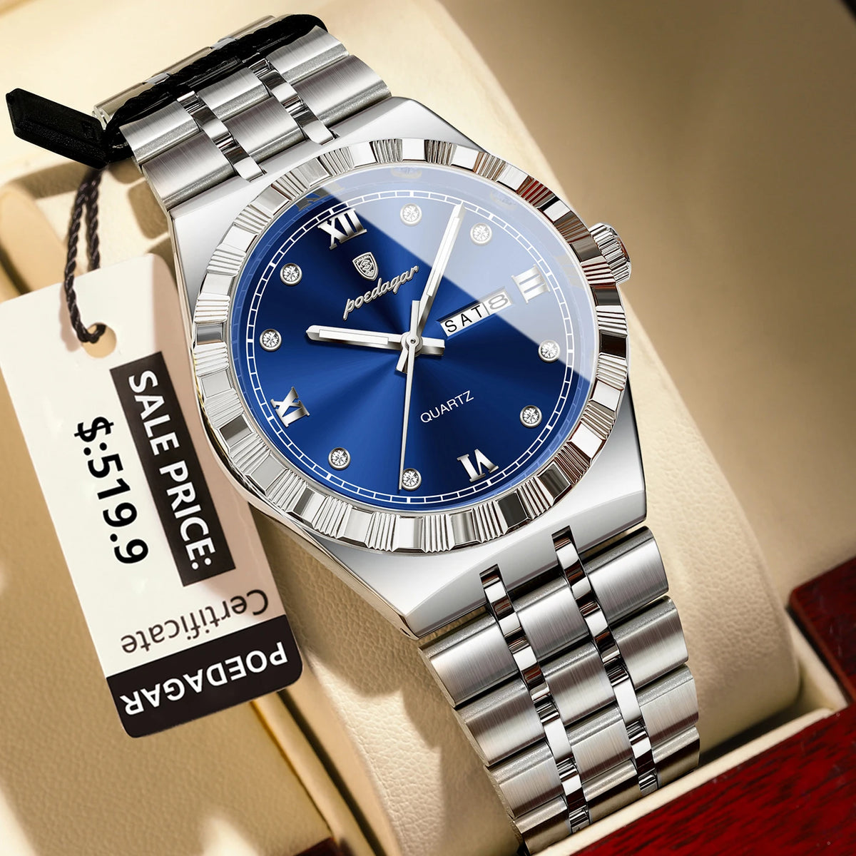 Poedagar 872 Men's Luxury Quartz Watch – Stainless Steel Band, Waterproof, Luminous, Date