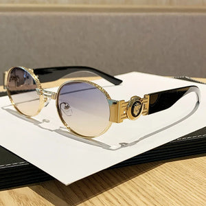 MCROONS retro oval metal sunglasses with UV400 protection, unisex design, featuring sleek metal frames and dark tinted lenses.