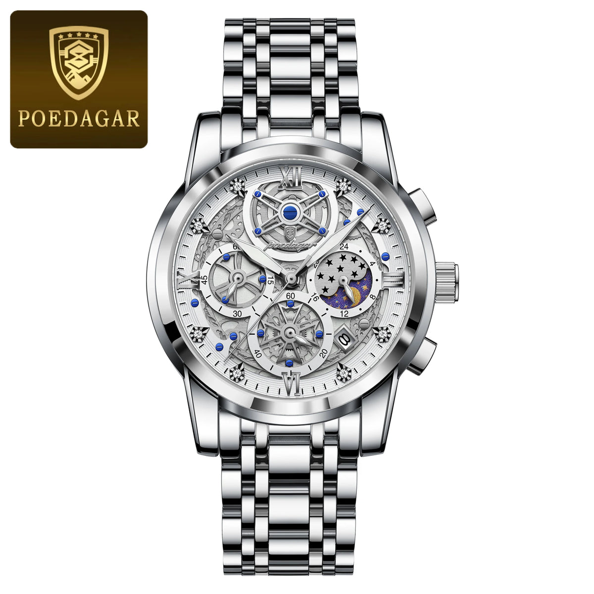 Poedagar 984 Men's Luxury Chronograph Quartz Watch – Stainless Steel Band, Waterproof, Luminous, Date