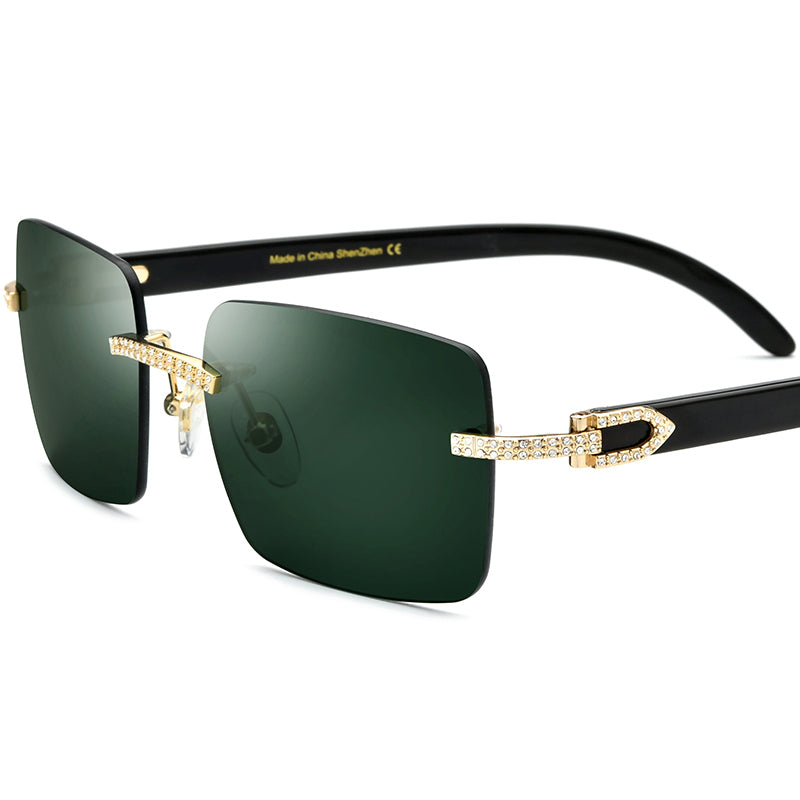 Diamante Rimless Square Sunglasses with Horn-Effect Temple - Dark Green - MCROONS