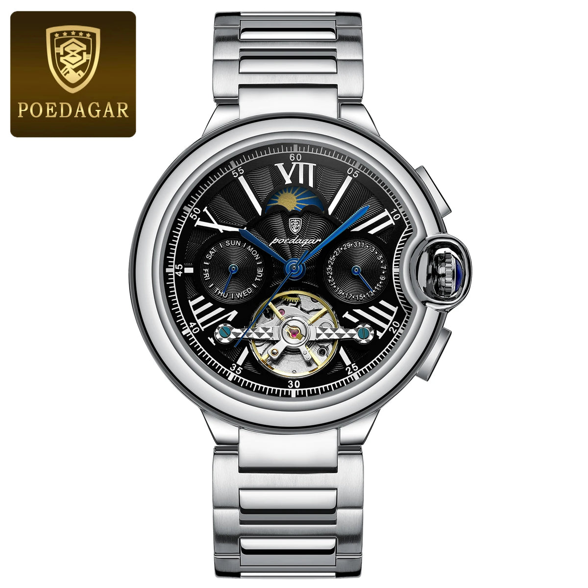Poedagar 1413 Men's Luxury Automatic Mechanical Watch – Stainless Steel Band, Waterproof, Luminous