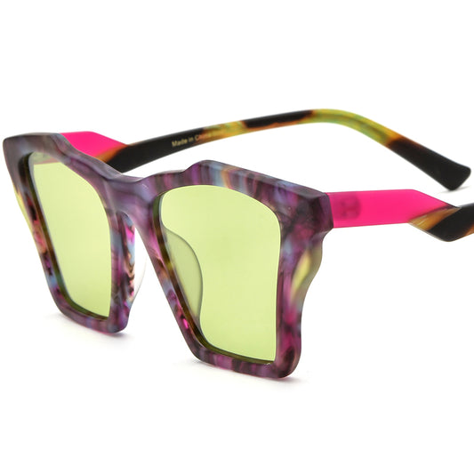 Retro Cat Eye Acetate Polarized Sunglasses - Purple Green Lens - MCROONS
