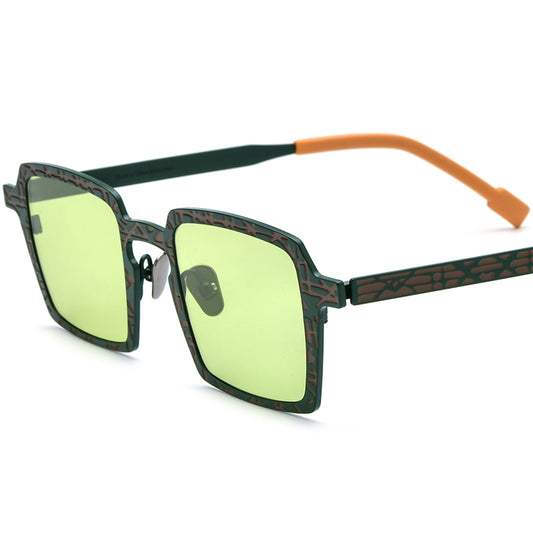 Colourful Titanium Patterned Square Polarised Sunglasses - Green Brown - MCROONS