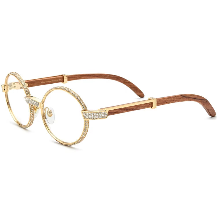 Crystal-Paved Wood Round Optical Glasses Frame - MCROONS - Angled View