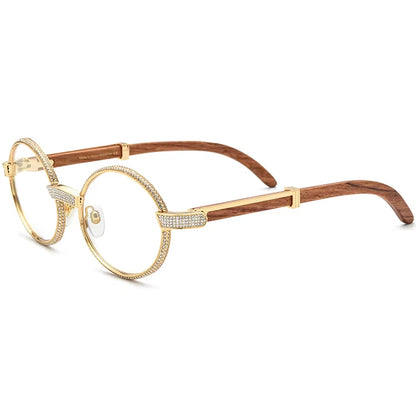 Crystal-Paved Wood Round Optical Glasses Frame - MCROONS - Angled View
