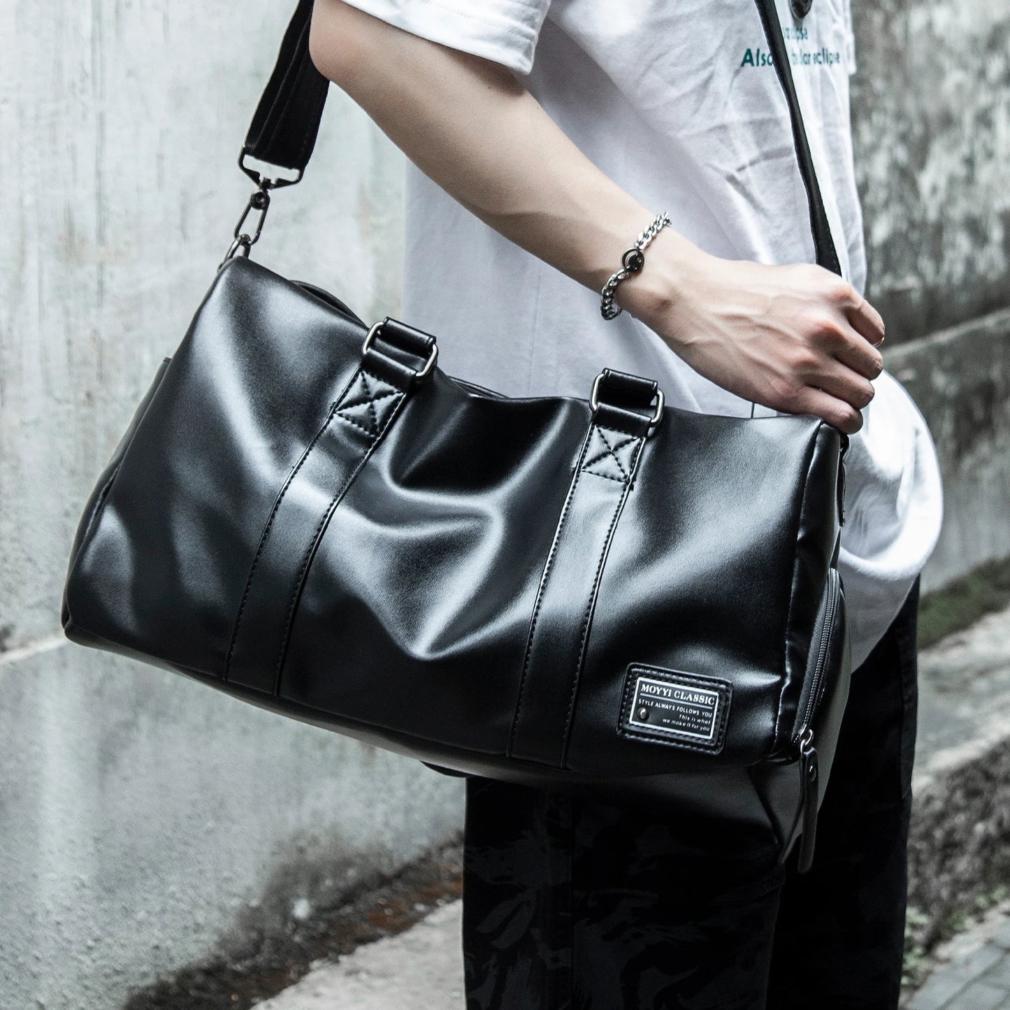 MOYYI PU Leather Travel Bags for Men Duffle Bag Outdoor Leather Men'S Travel Bag