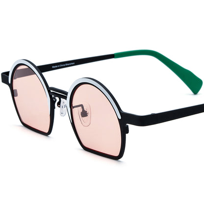 Colourful Titanium Half-Rim Round Sunglasses - White Black Pink Lens - MCROONS