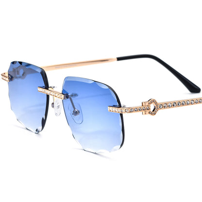 Designer Rimless Diamante Square Sunglasses - MCROONS - Gold Blue Lens