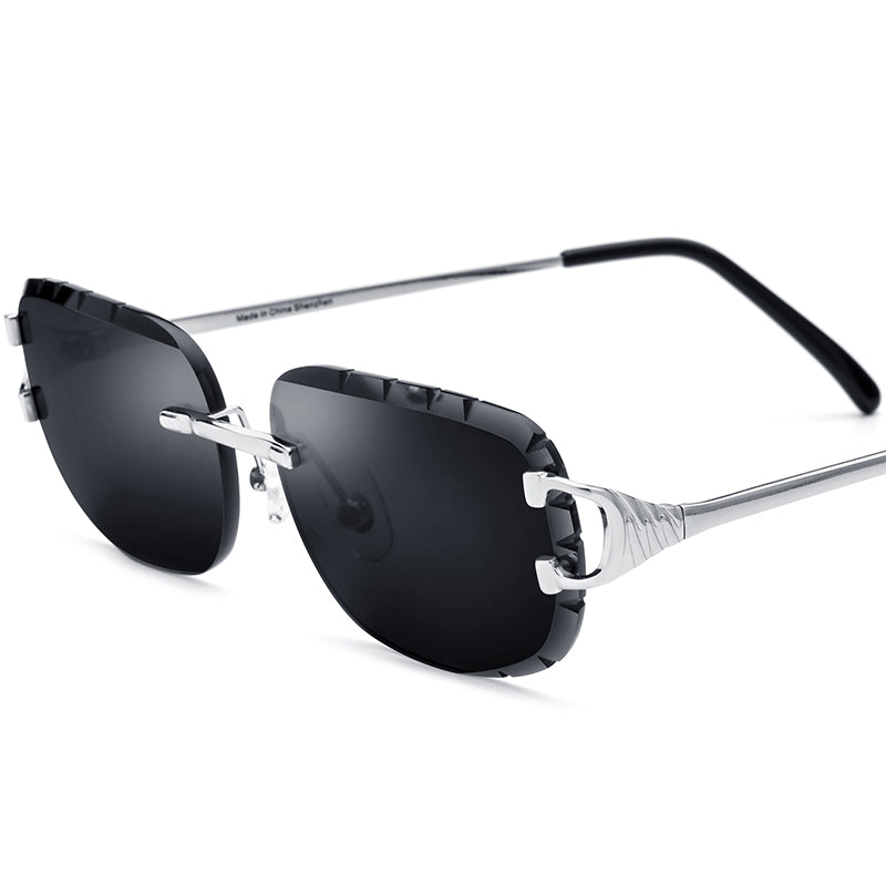 Rimless Diamond-Trim Metal Sunglasses Luxury - Silver Gray Lens - MCROONS