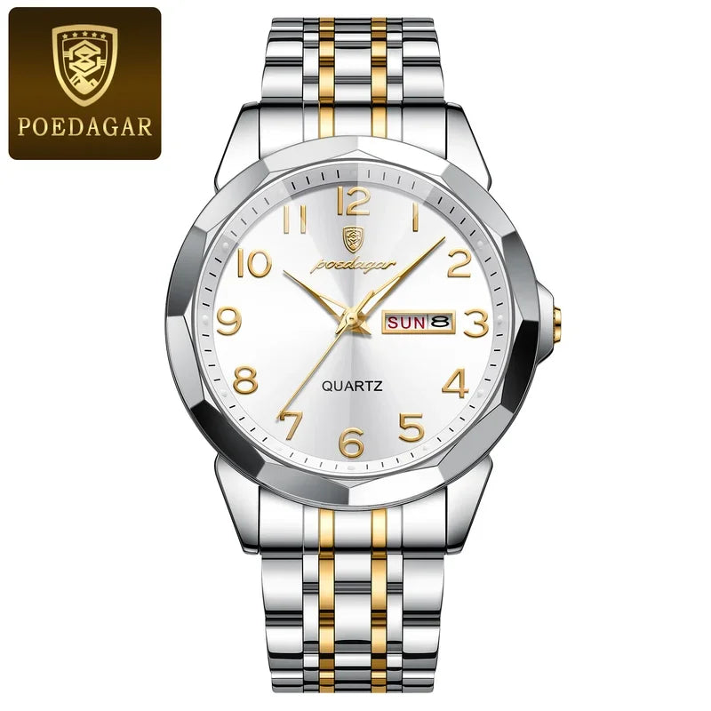 Poedagar 852 Men's Luxury Quartz Watch – Stainless Steel Band, Waterproof, Luminous, Date