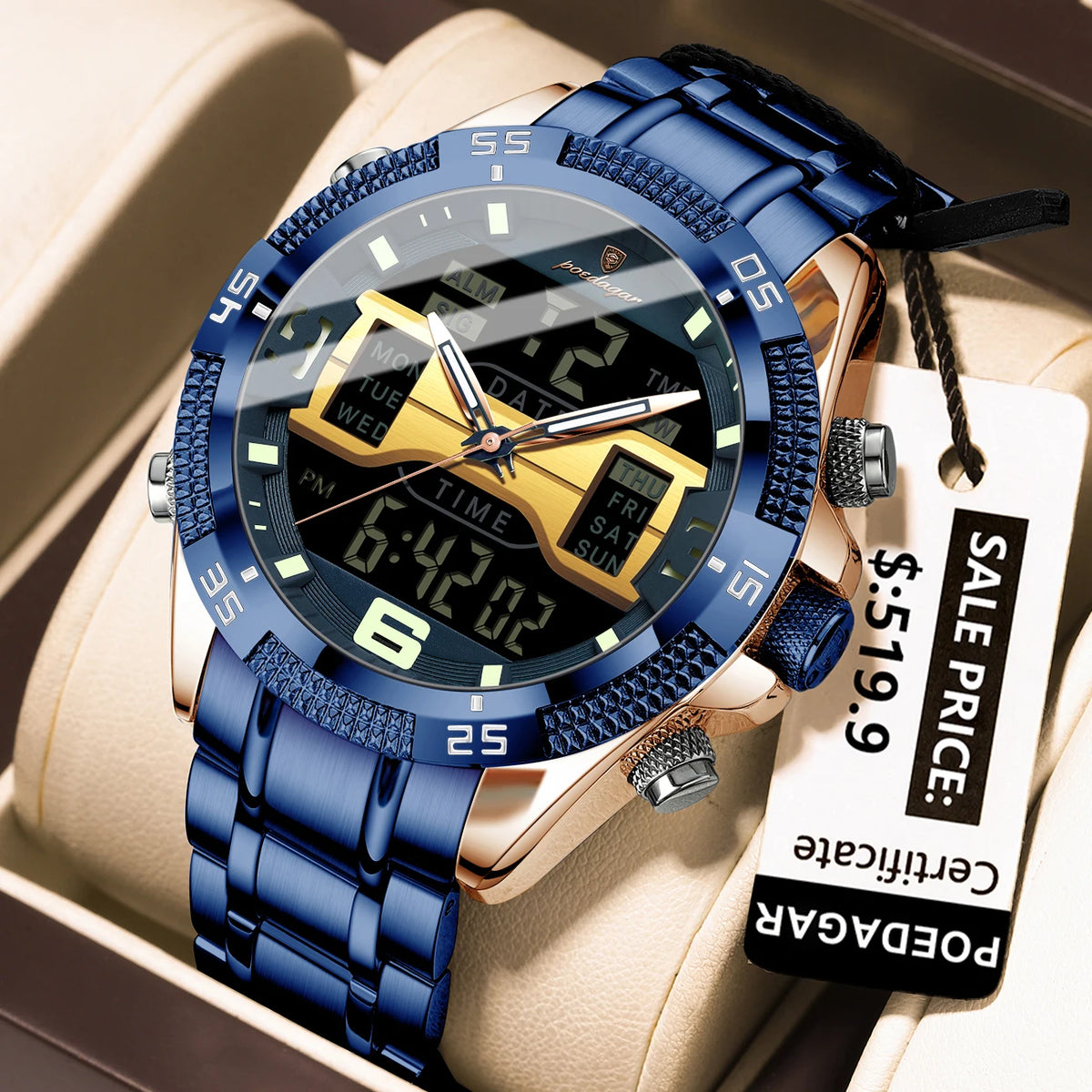 Poedagar E103 Men's Luxury Chronograph Digital Watch – Stainless Steel Band, Waterproof, Luminous, Date