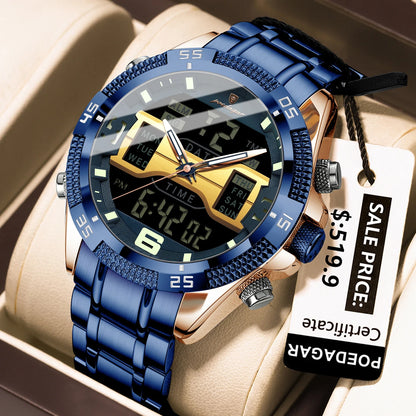 Poedagar E103 Men's Luxury Chronograph Digital Watch – Stainless Steel Band, Waterproof, Luminous, Date