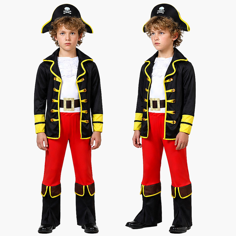Boys' Caribbean Pirate Costume - Kids Halloween Cosplay Outfit with Tricorn Hat & Boot Covers