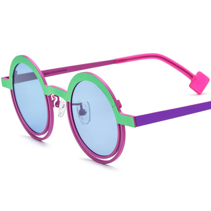 Colourful Titanium Round Halo Polarised Sunglasses - Green Pink - MCROONS
