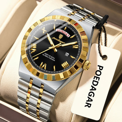 Poedagar 675 Men's Luxury Quartz Watch – Stainless Steel Band, Waterproof, Luminous, Date
