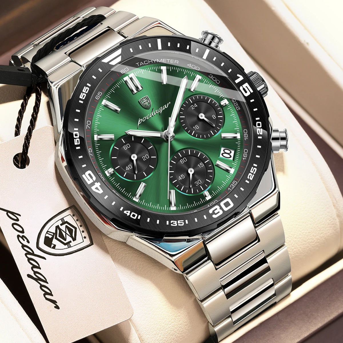 Poedagar 697 Men's Luxury Chronograph Quartz Watch – Stainless Steel Band, Waterproof, Luminous, Date