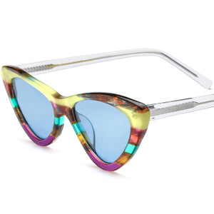 Multicolour Cat Eye Acetate Mirrored Polarized Sunglasses UV400 - Yellow Purple Blue Lens - MCROONS