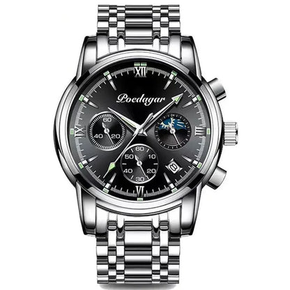Poedagar 8058 Men's Luxury Quartz Watch – Stainless Steel Band, Waterproof, Luminous, Date