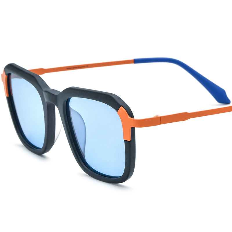 Matte Acetate Titanium Square Sunglasses - Matte Black Blue Lens - MCROONS