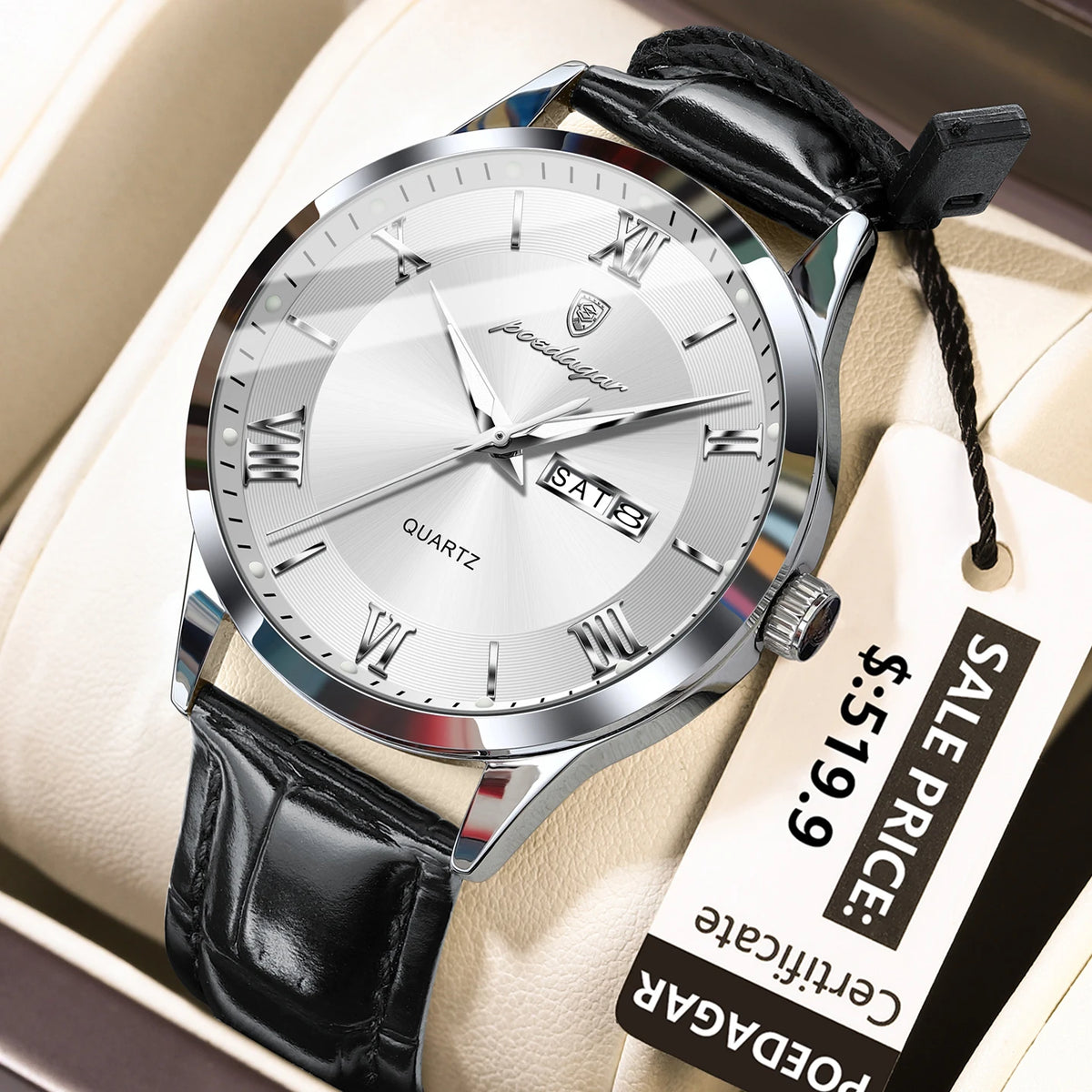 Poedagar 978 Men's Luxury Quartz Watch – Leather Strap, Waterproof, Luminous, Date