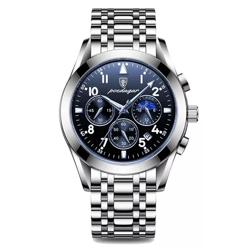 Poedagar 8168 Men's Luxury Quartz Watch – Stainless Steel Band, Waterproof, Luminous, Date