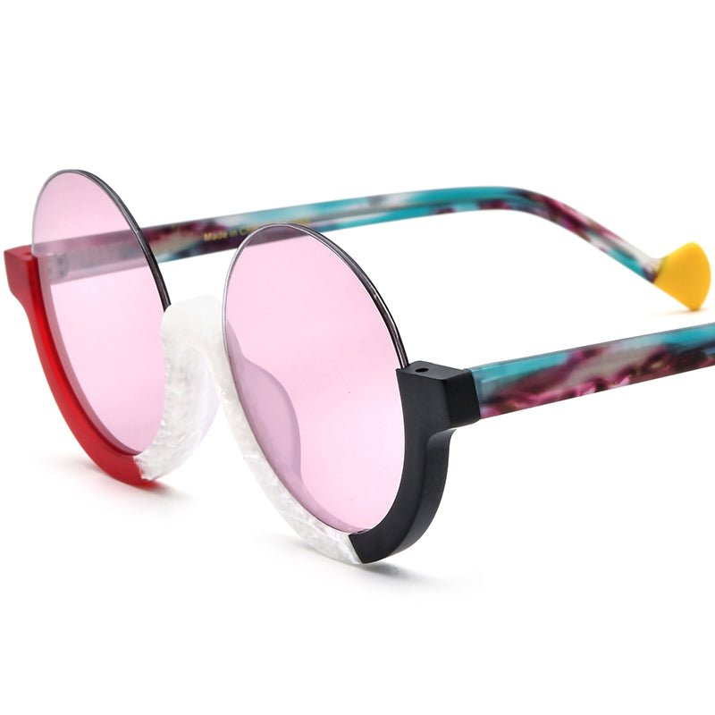 Retro Round Semi-Rimless Acetate Sunglasses - Red Black Purple Lens - MCROONS