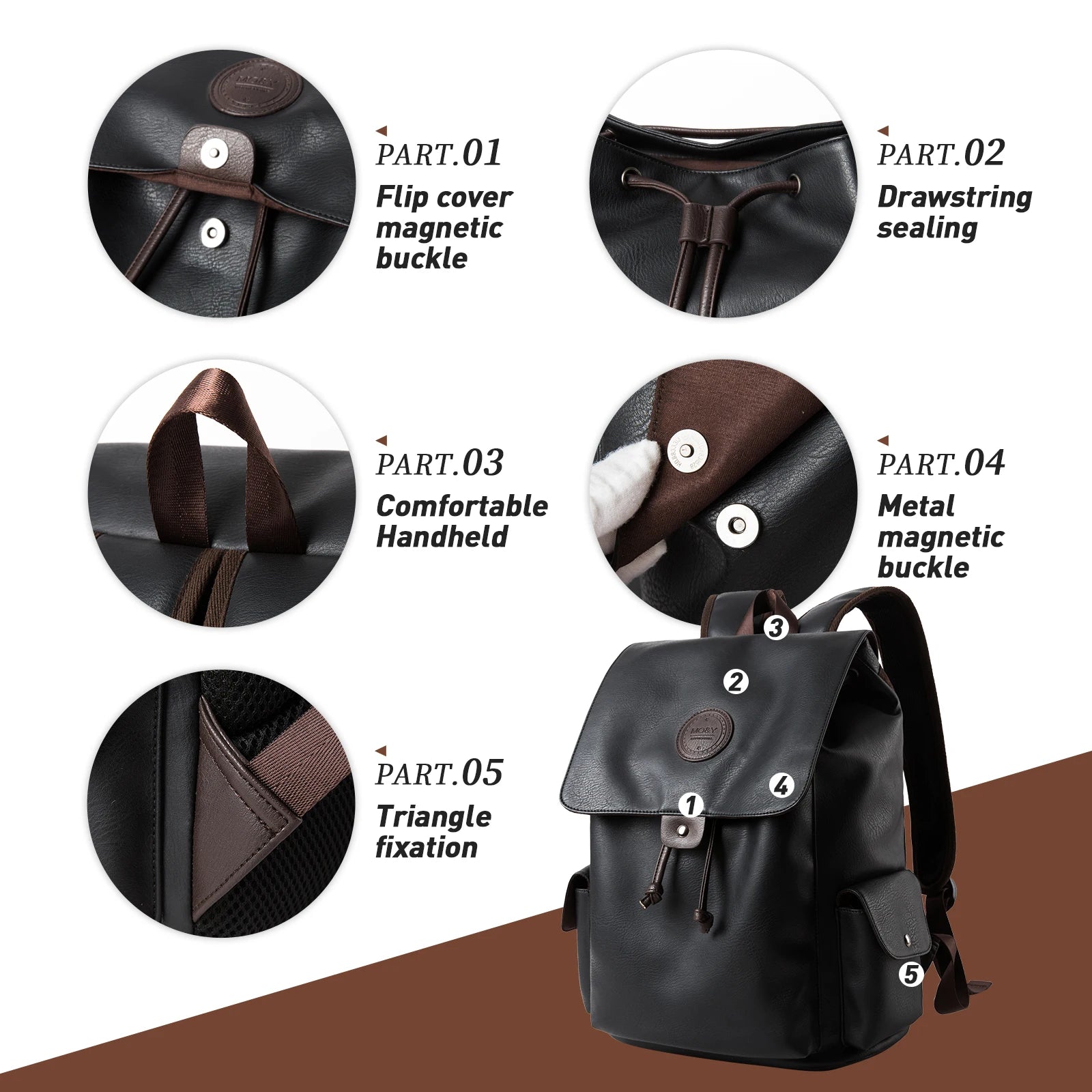 MOYYI PU Leather Bags for Men Waterproof Mochilas Men PU Leather Laptop Backpack