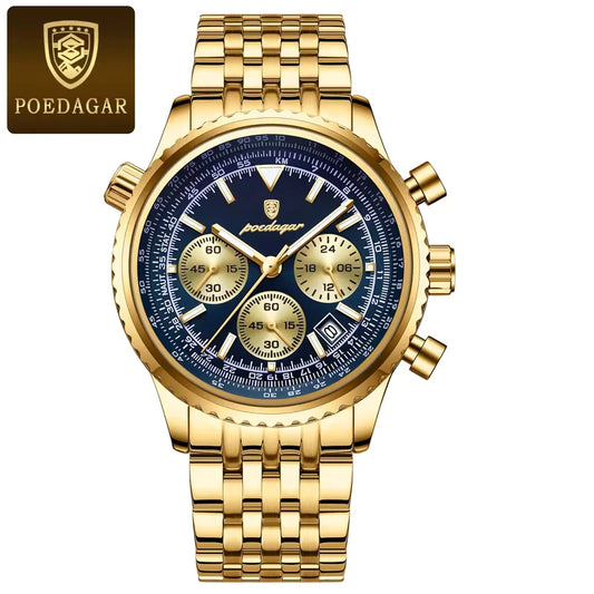 Poedagar 960 Men's Luxury Chronograph Quartz Watch – Stainless Steel Band, Waterproof, Luminous, Date