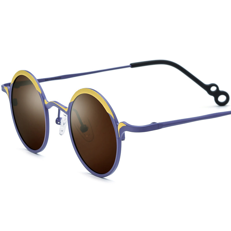 Colourful Titanium Round Polarised Sunglasses Retro - Yellow Purple Brown Lens - MCROONS