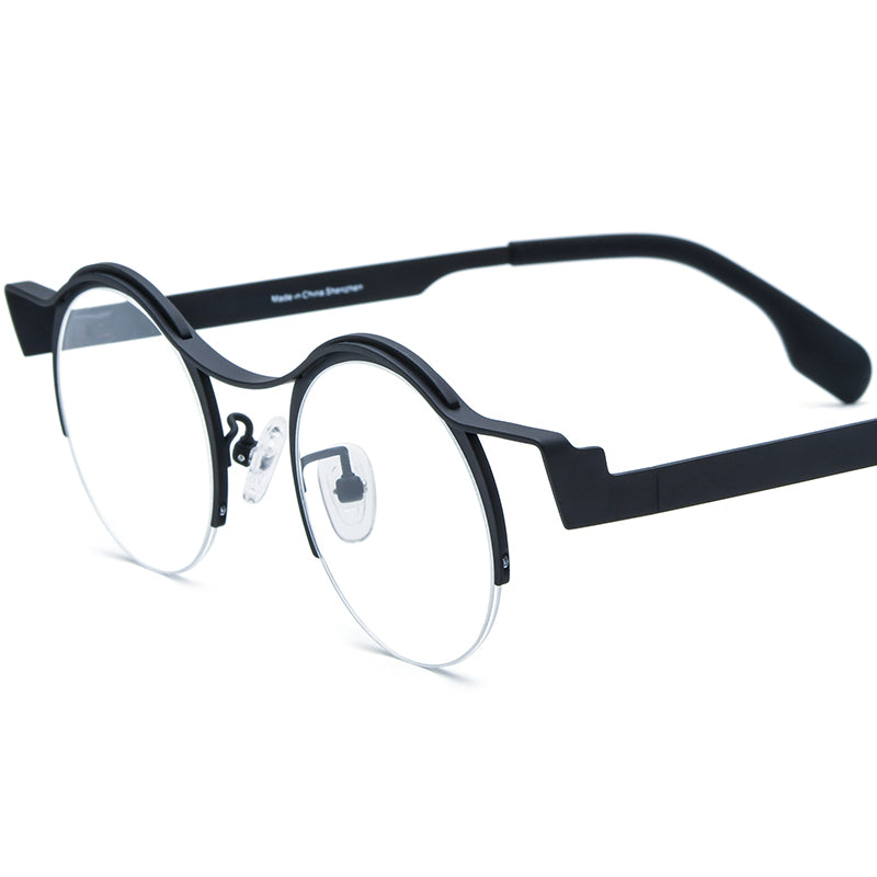 Titanium Semi-Rimless Round Optical Glasses Print - Black Frame - MCROONS