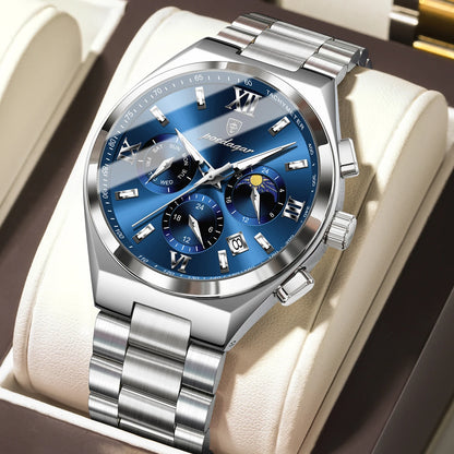Poedagar 688 Men's Luxury Chronograph Quartz Watch – Stainless Steel Band, Waterproof, Luminous, Date