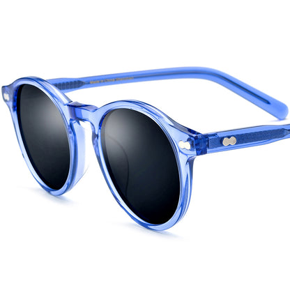 Retro Round Acetate Polarized Mirrored Sunglasses UV400 - Blue Gray Lens - MCROONS