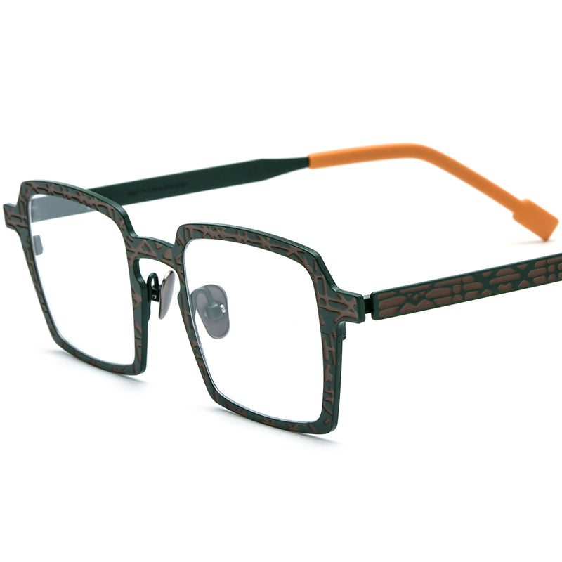 Colourful Titanium Patterned Square Optical Glasses Frame - Green Brown - MCROONS