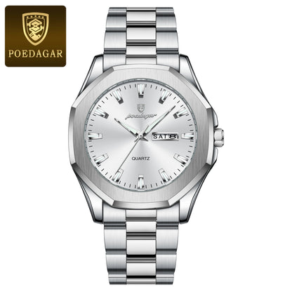 Poedagar 875 Men's Luxury Quartz Watch – Stainless Steel Band, Waterproof, Luminous, Date