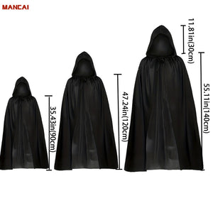 Unisex hooded death cloak costume by MCROONS featuring a long black hooded robe with dramatic cape and hood for a spooky look.