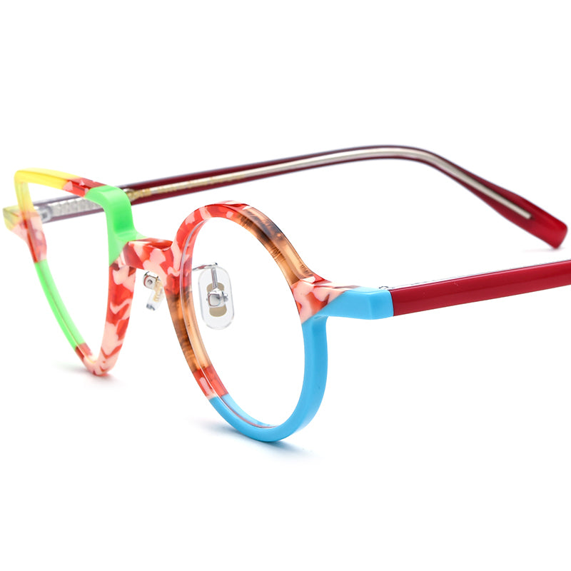 Vintage Colourblock Round Acetate Optical Glasses Frame - Flower Red - MCROONS