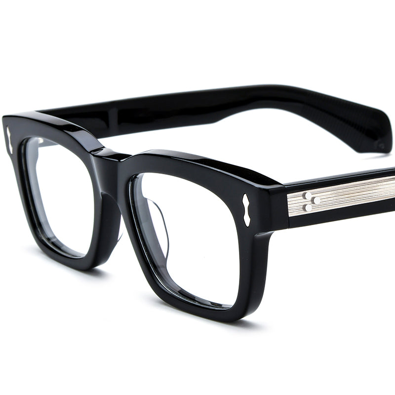 Retro Square Thick Acetate Optical Glasses Frame - Black Silver - MCROONS