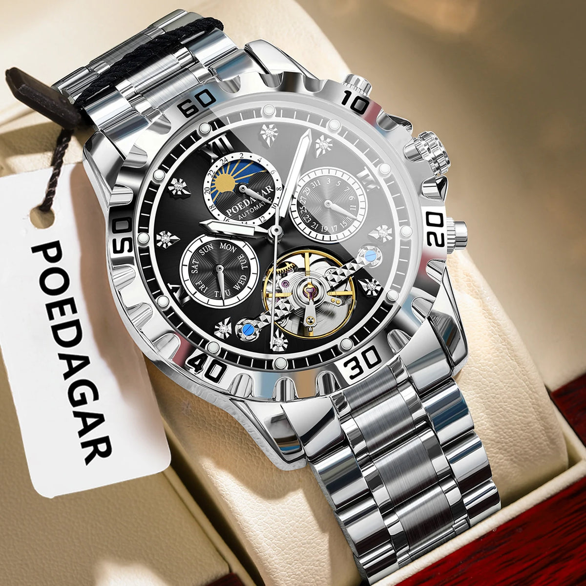 Poedagar 1423 Men's Luxury Automatic Mechanical Watch – Stainless Steel Band, Waterproof, Luminous, Date